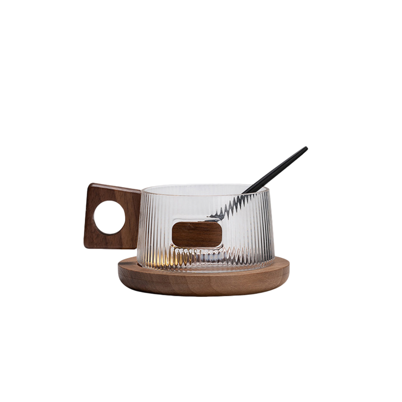 Klyra Retro grey glass coffee cup and saucer with walnut handle coffee cup