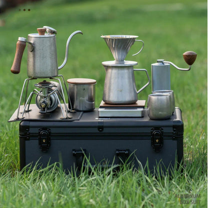 Vintage Pour Over Coffee Kettle Set – Travel Coffee Kit with Grinder & Aluminum Case Gift Box