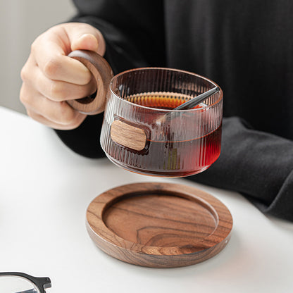 Klyra Retro grey glass coffee cup and saucer with walnut handle coffee cup