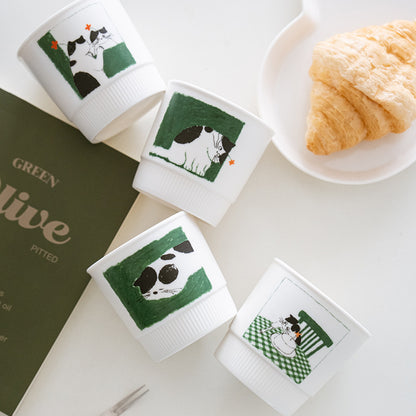 Artist Collaboration Cat Ceramic Coffee Mug – Minimalist Green Latte Cup for Espresso, Milk & Home Café