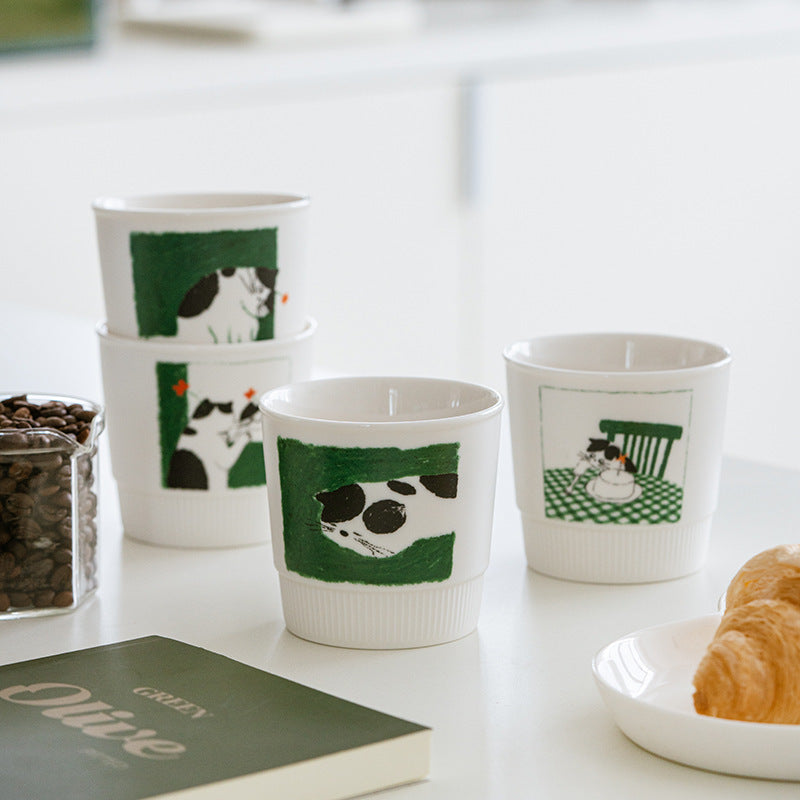 Artist Collaboration Cat Ceramic Coffee Mug – Minimalist Green Latte Cup for Espresso, Milk & Home Café