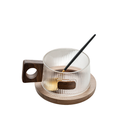 Klyra Retro grey glass coffee cup and saucer with walnut handle coffee cup