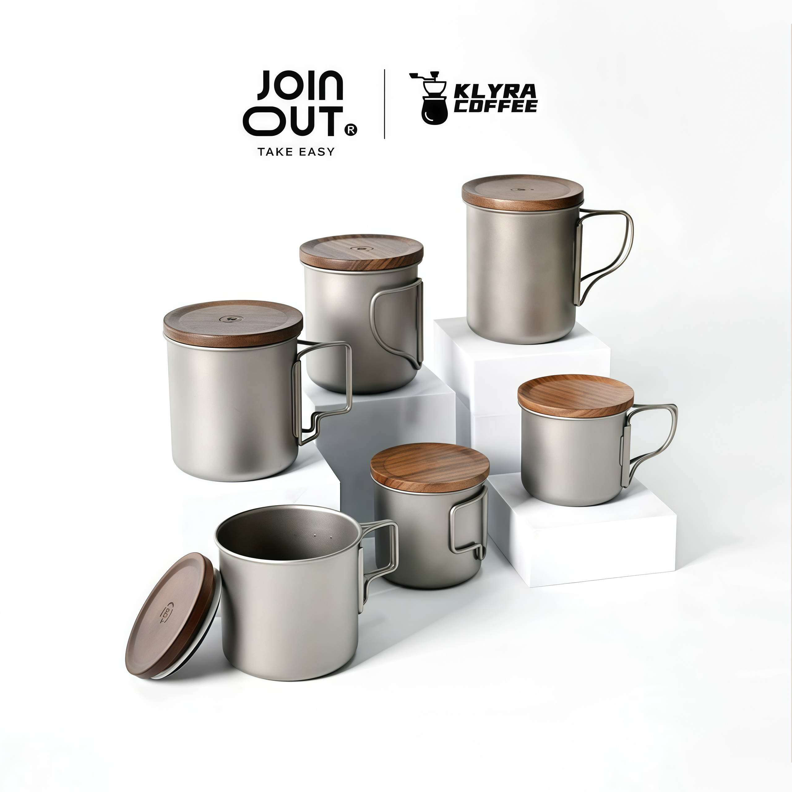 Titanium Coffee Mug Set for Camping – Ultralight Pour Over Cup with Foldable Handle & Wooden Lid for Outdoor Brewing