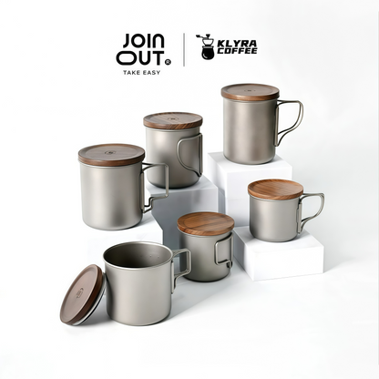 Titanium Coffee Mug Set for Camping – Ultralight Pour Over Cup with Foldable Handle & Wooden Lid for Outdoor Brewing