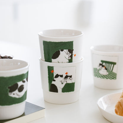 Artist Collaboration Cat Ceramic Coffee Mug – Minimalist Green Latte Cup for Espresso, Milk & Home Café