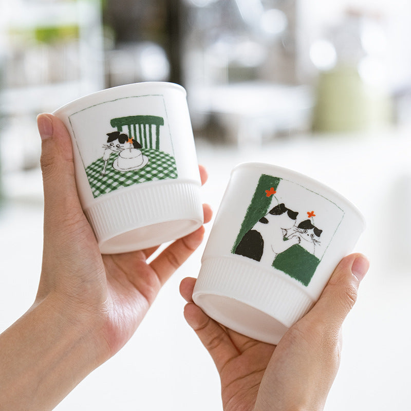 Artist Collaboration Cat Ceramic Coffee Mug – Minimalist Green Latte Cup for Espresso, Milk & Home Café
