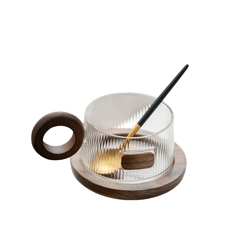 Klyra Retro grey glass coffee cup and saucer with walnut handle coffee cup