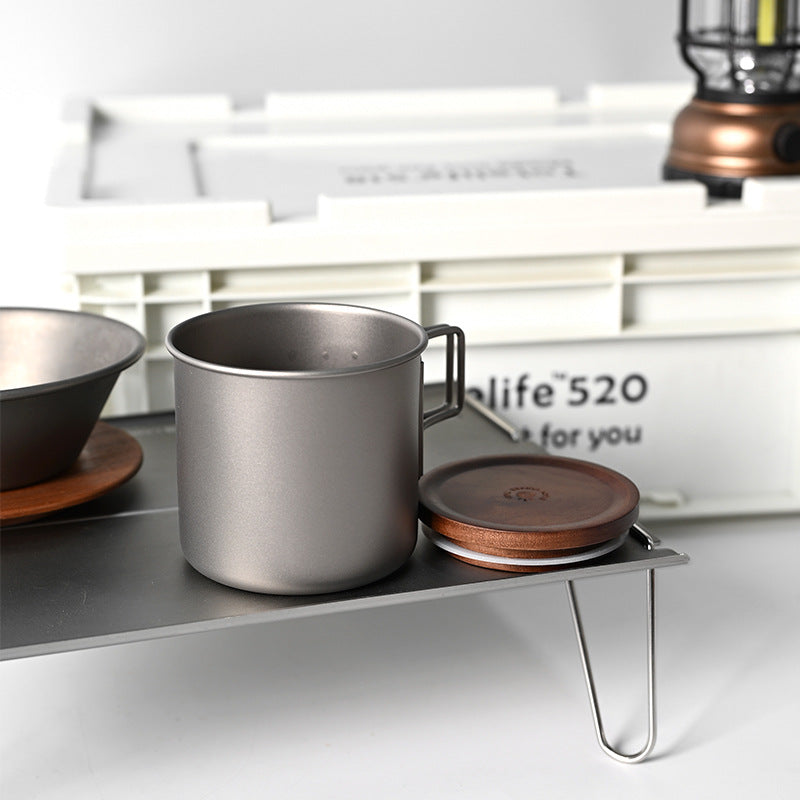 Titanium Coffee Mug Set for Camping – Ultralight Pour Over Cup with Foldable Handle & Wooden Lid for Outdoor Brewing