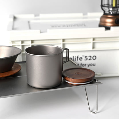 Titanium Coffee Mug Set for Camping – Ultralight Pour Over Cup with Foldable Handle & Wooden Lid for Outdoor Brewing