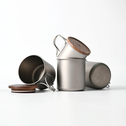 Titanium Coffee Mug Set for Camping – Ultralight Pour Over Cup with Foldable Handle & Wooden Lid for Outdoor Brewing