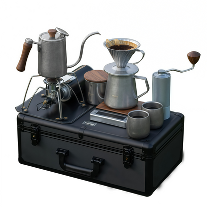 Vintage Pour Over Coffee Kettle Set – Travel Coffee Kit with Grinder & Aluminum Case Gift Box