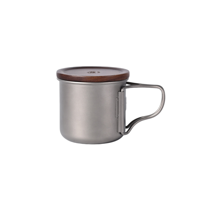 Titanium Coffee Mug Set for Camping – Ultralight Pour Over Cup with Foldable Handle & Wooden Lid for Outdoor Brewing