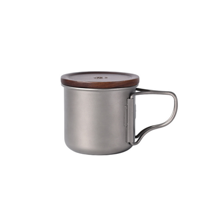 Titanium Coffee Mug Set for Camping – Ultralight Pour Over Cup with Foldable Handle & Wooden Lid for Outdoor Brewing