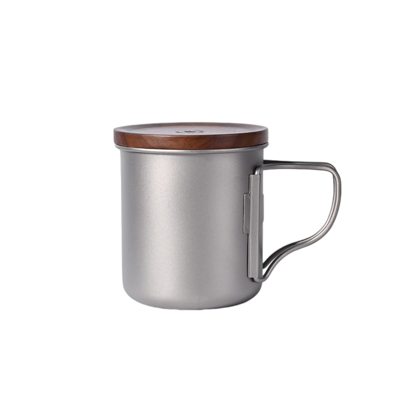 Titanium Coffee Mug Set for Camping – Ultralight Pour Over Cup with Foldable Handle & Wooden Lid for Outdoor Brewing