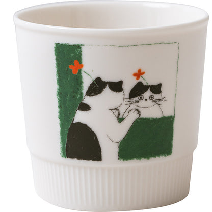 Artist Collaboration Cat Ceramic Coffee Mug – Minimalist Green Latte Cup for Espresso, Milk & Home Café
