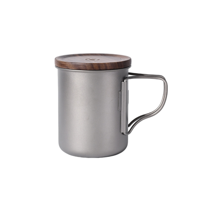 Titanium Coffee Mug Set for Camping – Ultralight Pour Over Cup with Foldable Handle & Wooden Lid for Outdoor Brewing
