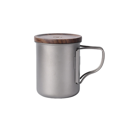 Titanium Coffee Mug Set for Camping – Ultralight Pour Over Cup with Foldable Handle & Wooden Lid for Outdoor Brewing