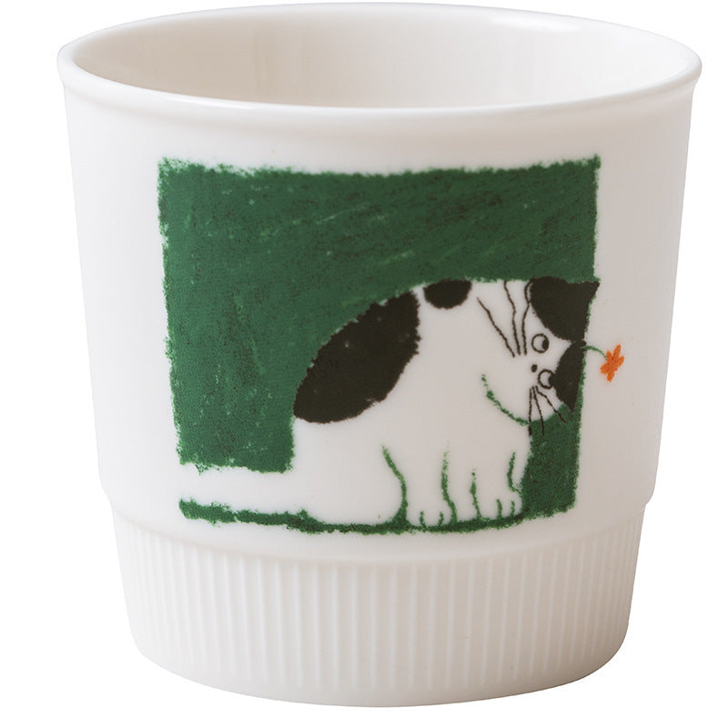Artist Collaboration Cat Ceramic Coffee Mug – Minimalist Green Latte Cup for Espresso, Milk & Home Café