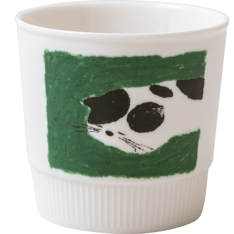 Artist Collaboration Cat Ceramic Coffee Mug – Minimalist Green Latte Cup for Espresso, Milk & Home Café