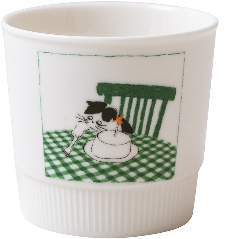 Artist Collaboration Cat Ceramic Coffee Mug – Minimalist Green Latte Cup for Espresso, Milk & Home Café