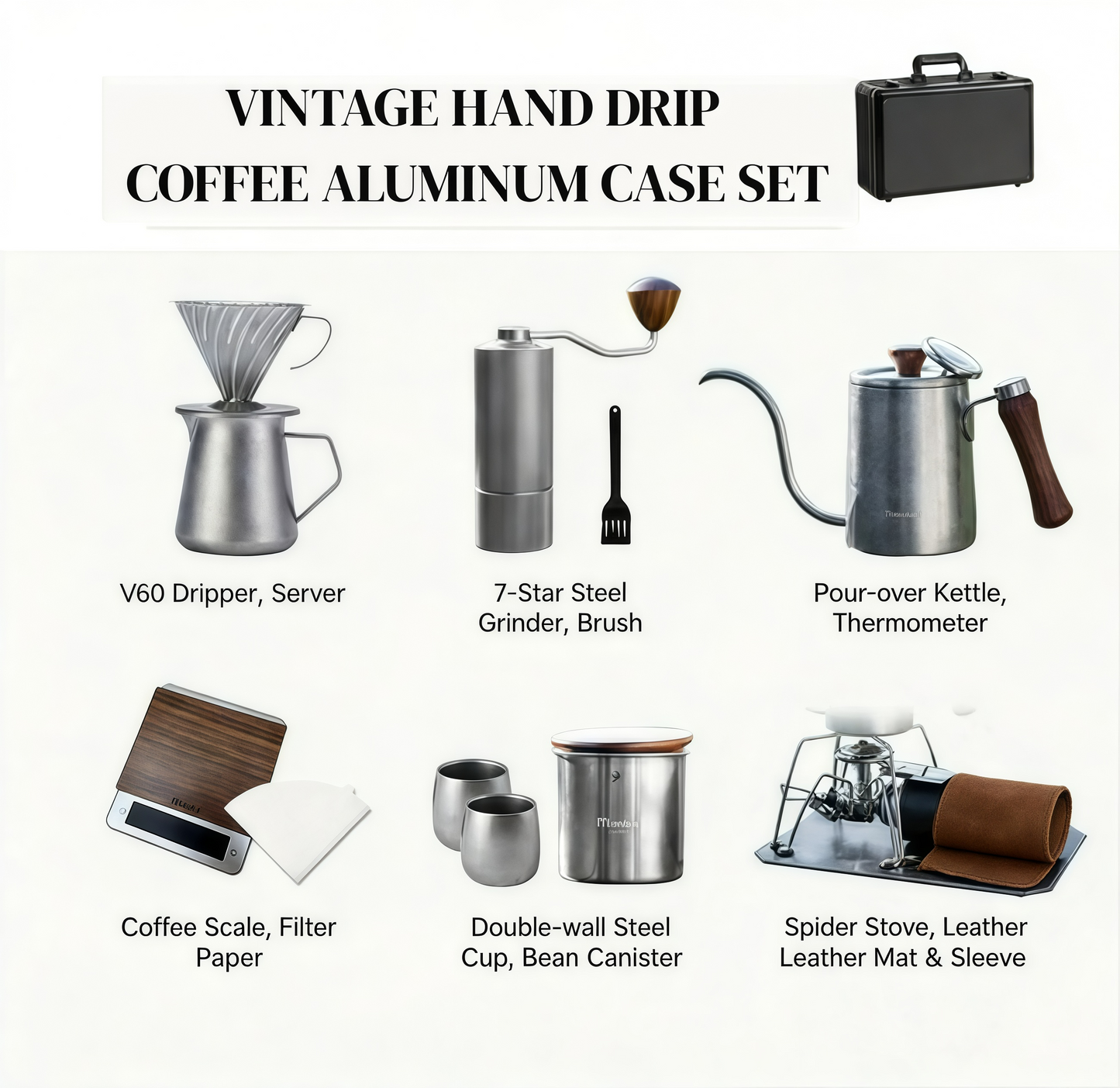 Vintage Pour Over Coffee Kettle Set – Travel Coffee Kit with Grinder & Aluminum Case Gift Box