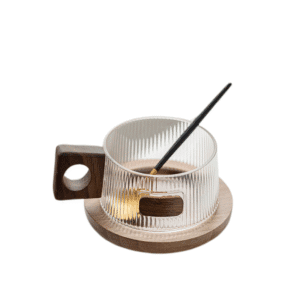 Klyra Retro grey glass coffee cup and saucer with walnut handle coffee cup